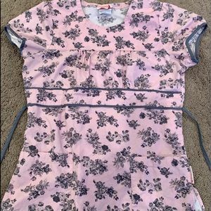 White Cross pink and grey floral scrub top